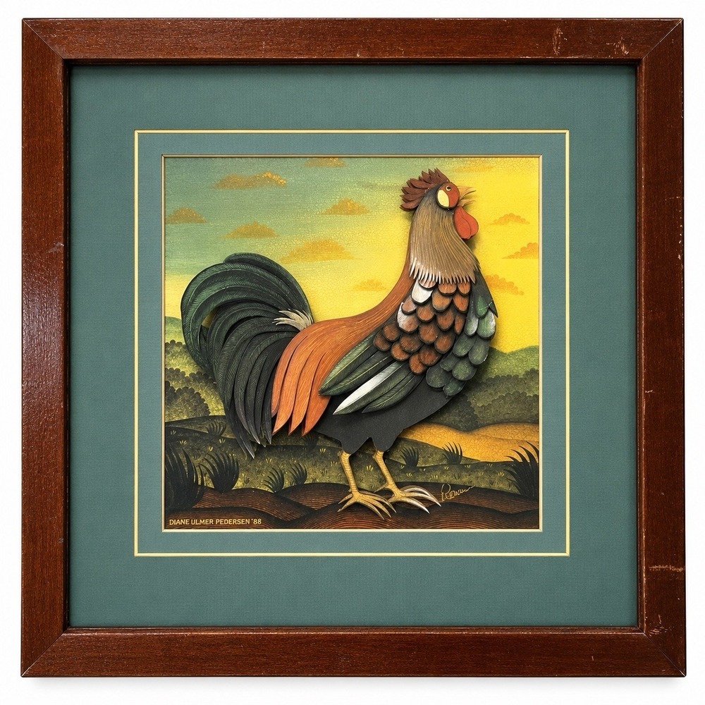 Diane Ulmer Pedersen Rooster 3D Paper Tole Framed Folk Art 1998 Vintage